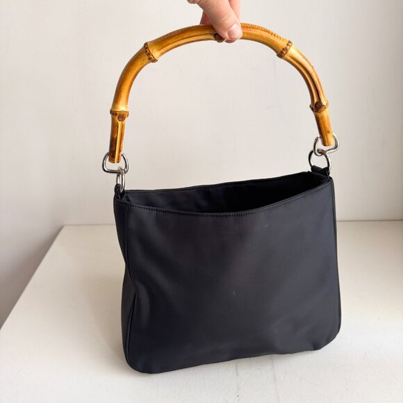 Vintage Banana Republic Black Nylon Bag w Bamboo Handle - Picture 1 of 9